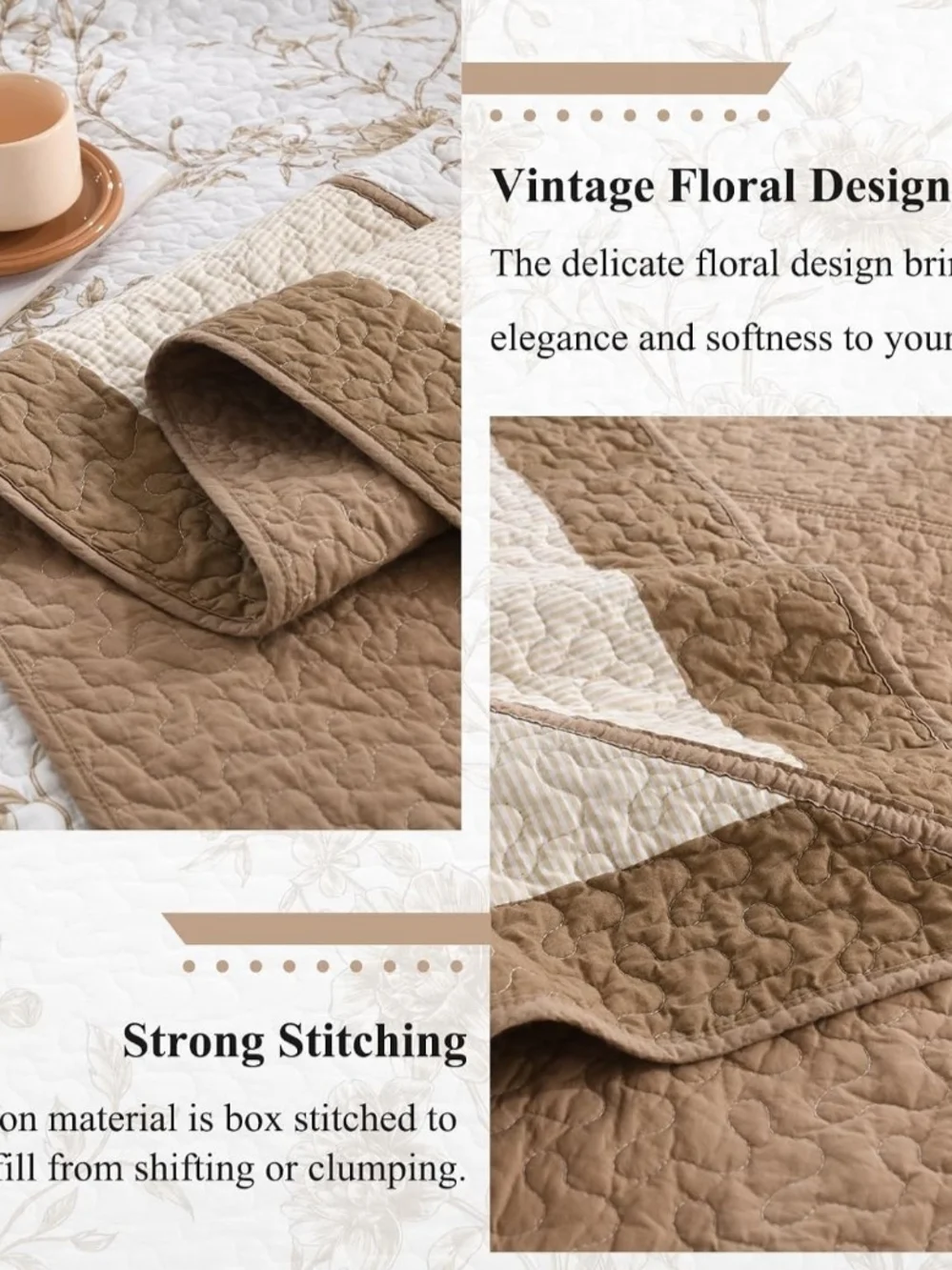 Reversible Floral Quilted 3pcs Bedding Set - Cream/Tan Beautiful